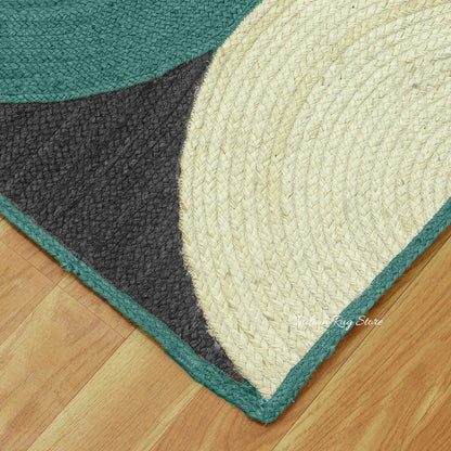 Alfombra de yute trenzada a mano multicolor de color negro oriental con forma de casa marina