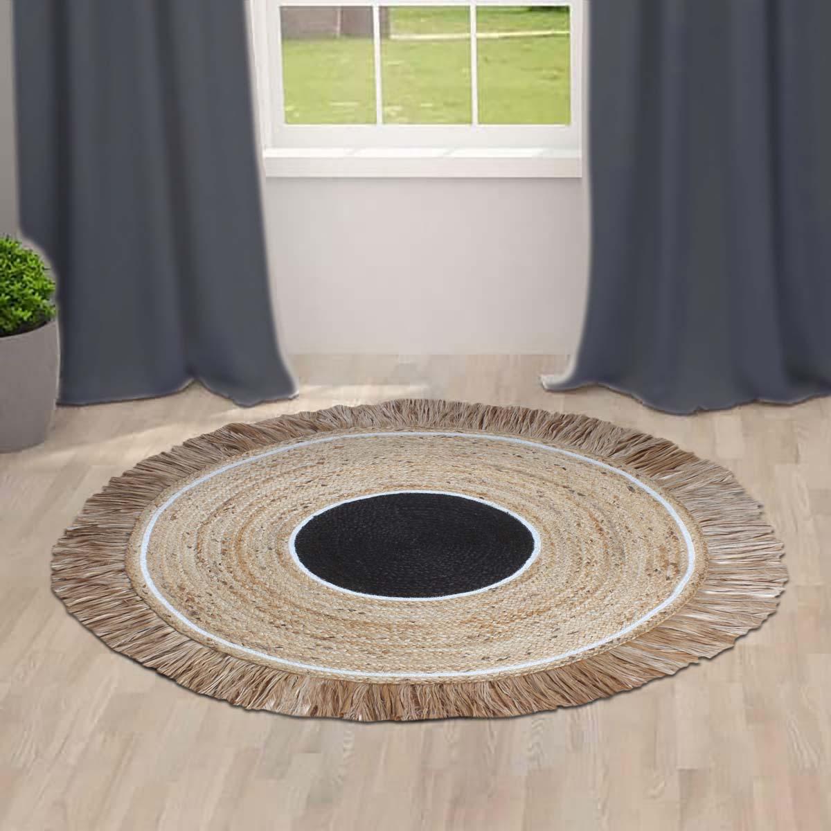 Black Beige Artistic Dinning Room Round Area Rug - Indian Rug Store