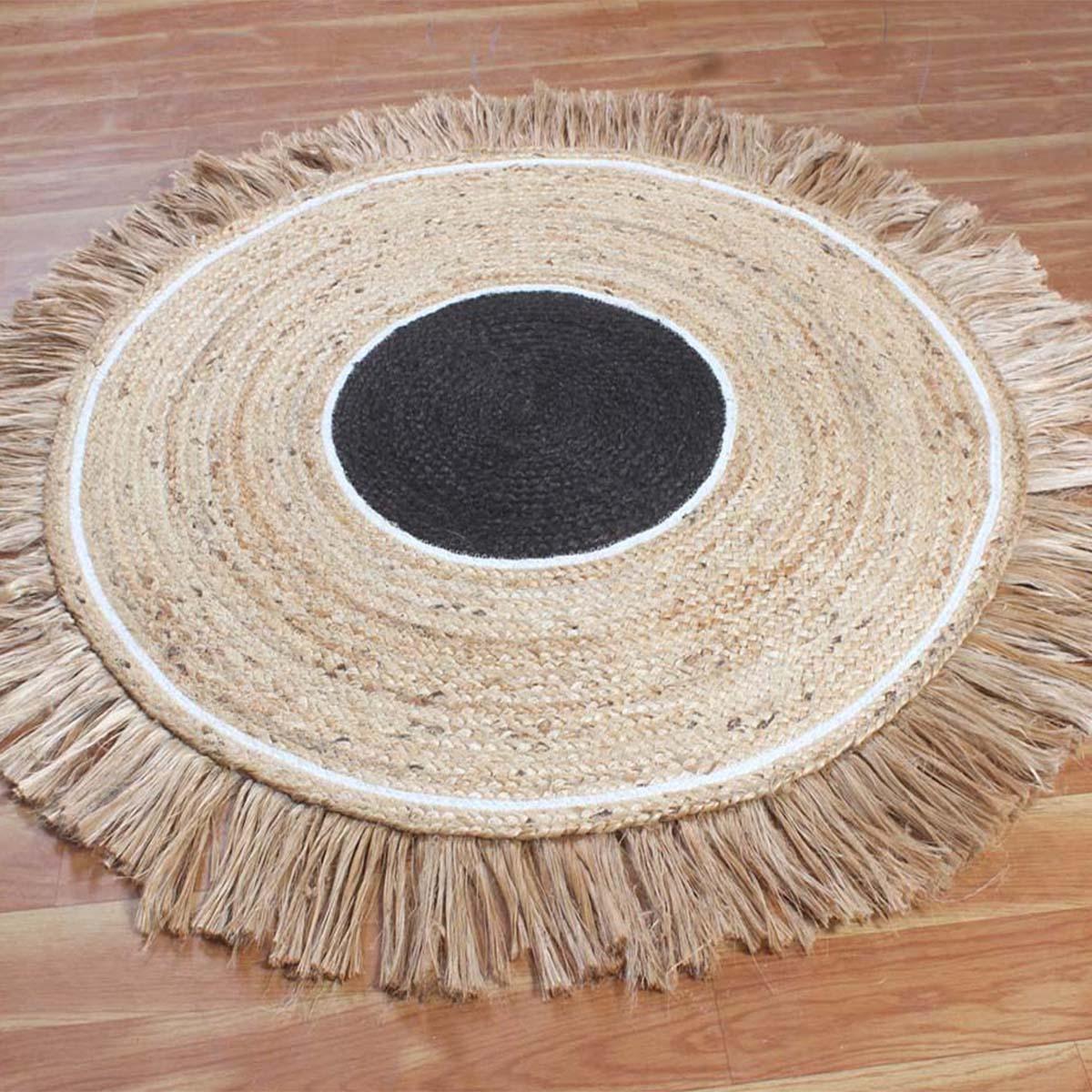 Black Beige Artistic Dinning Room Round Area Rug - Indian Rug Store