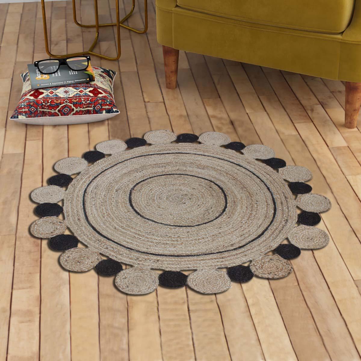 Traditional Indian Hand Braided Black Beige Interior Round Area Rug - Indian Rug Store