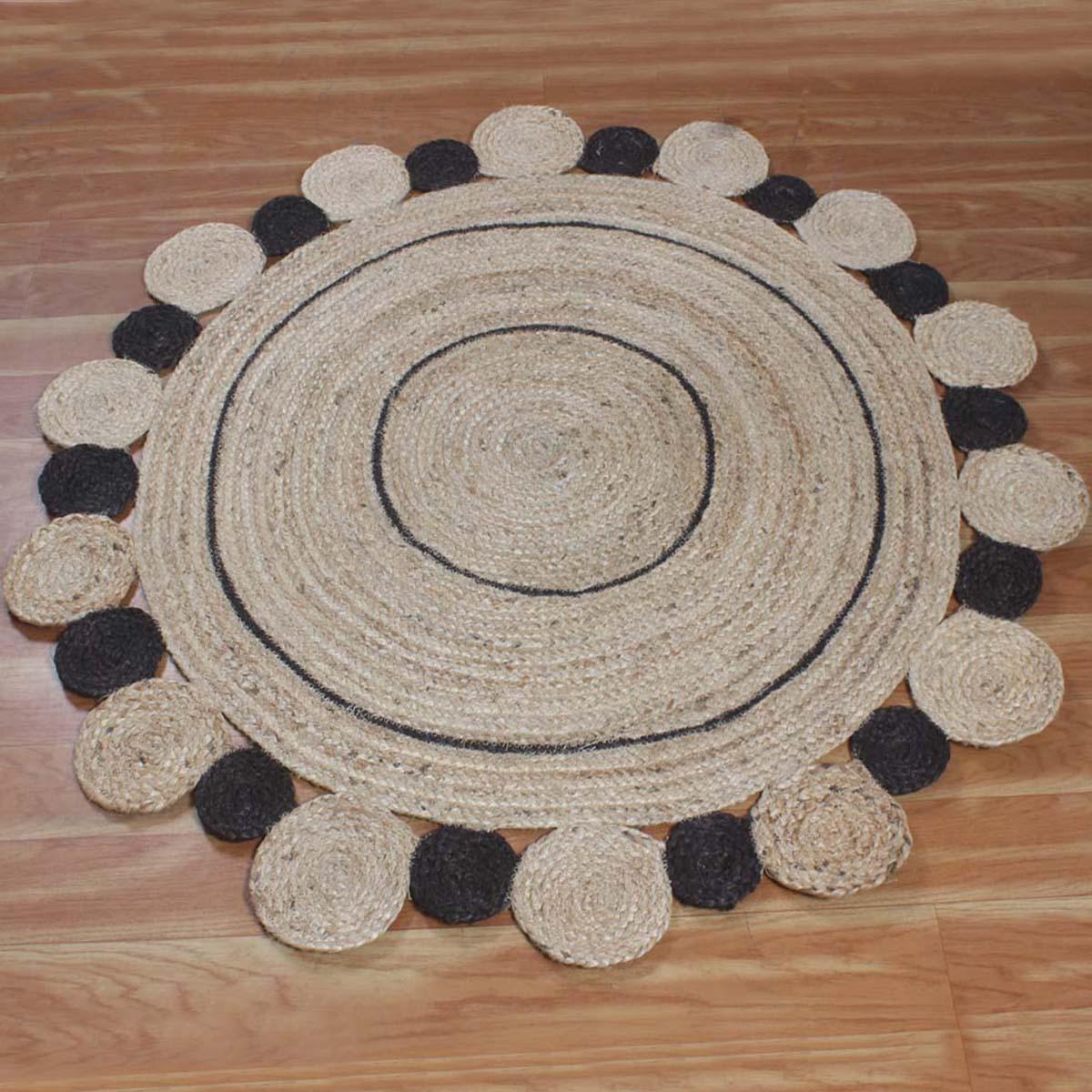 Traditional Indian Hand Braided Black Beige Interior Round Area Rug - Indian Rug Store