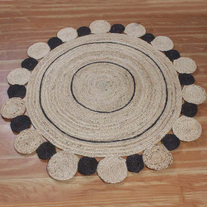 Traditional Indian Hand Braided Black Beige Interior Round Area Rug - Indian Rug Store