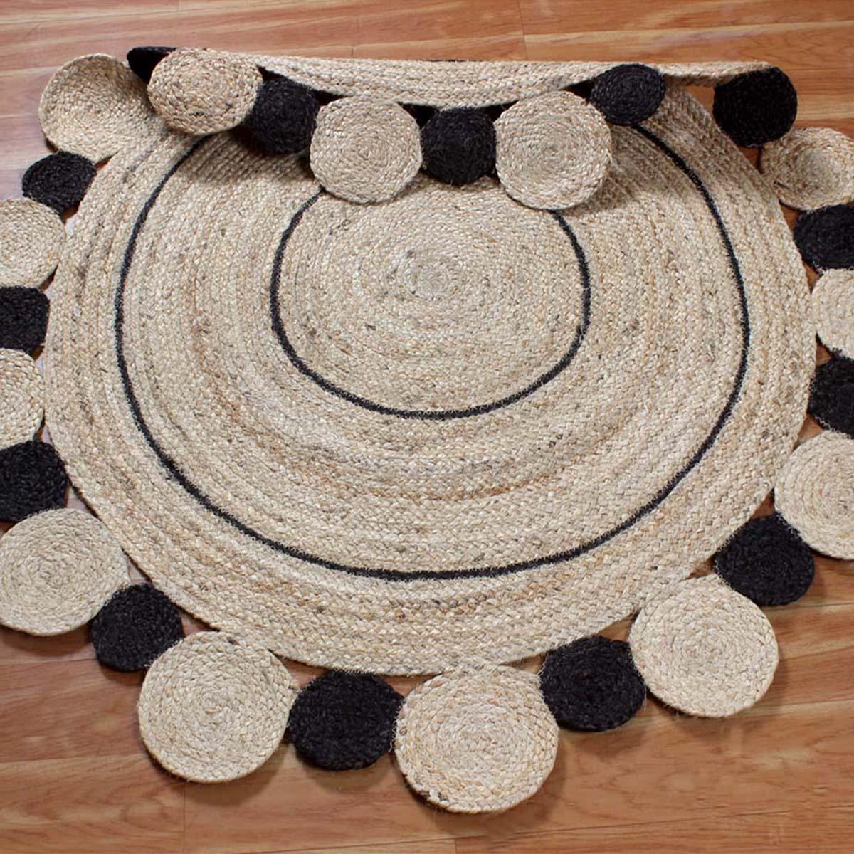 Traditional Indian Hand Braided Black Beige Interior Round Area Rug - Indian Rug Store