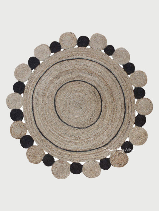 Traditional Indian Hand Braided Black Beige Interior Round Area Rug