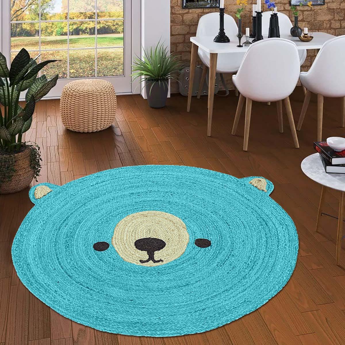 Turquoise Blue Beige Hand Braided Outdoor Round Area Rug - Indian Rug Store