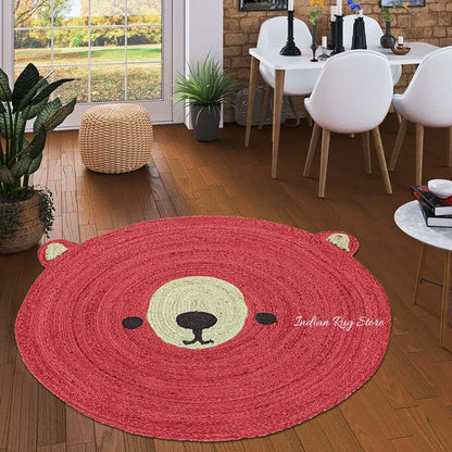 Alfombra redonda de yute trenzada a mano en color beige y rojo para decoración del hogar