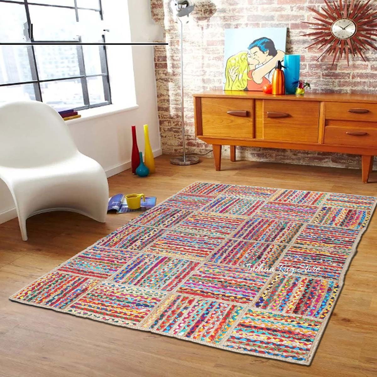 Hand Braided Check Farmhouse Multicolor Cotton Jute Rug