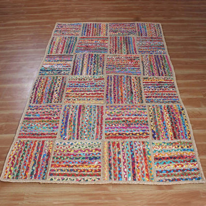 Hand Braided Check Farmhouse Multicolor Cotton Jute Rug