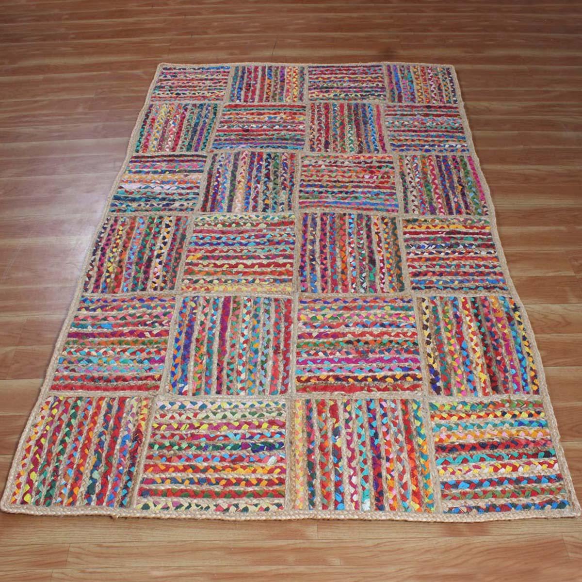 Hand Braided Check Farmhouse Multicolor Cotton Jute Rug - Indian Rug Store