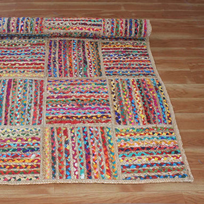 Hand Braided Check Farmhouse Multicolor Cotton Jute Rug