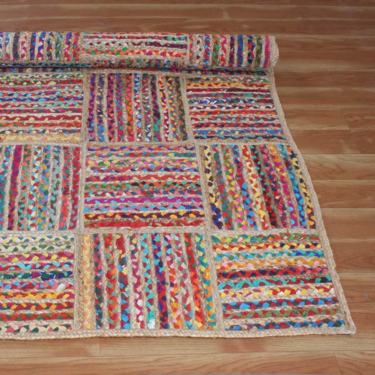 Hand Braided Check Farmhouse Multicolor Cotton Jute Rug - Indian Rug Store