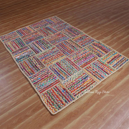 Hand Braided Check Farmhouse Multicolor Cotton Jute Rug