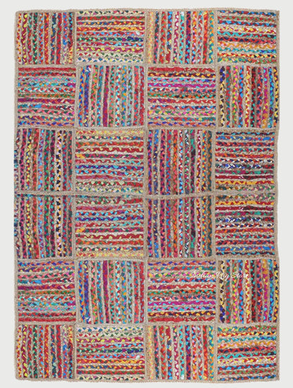 Hand Braided Check Farmhouse Multicolor Cotton Jute Rug