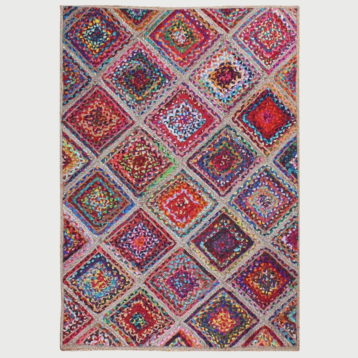 Multicolor Hand Braided Geometrical Trendy Cotton Jute Rug - Indian Rug Store