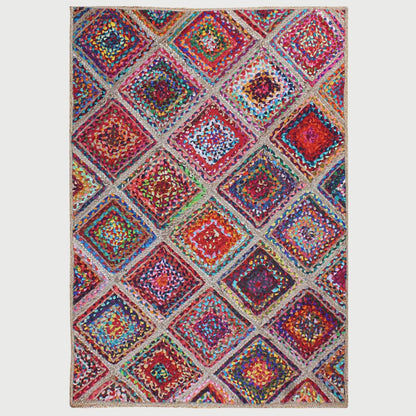 Multicolor Hand Braided Geometrical Trendy Cotton Jute Rug - Indian Rug Store