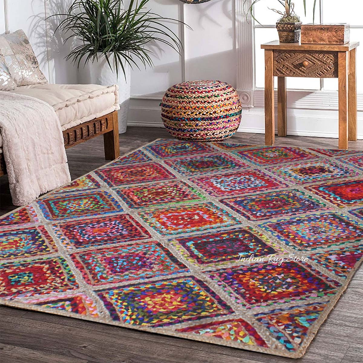 Multicolor Hand Braided Geometrical Trendy Cotton Jute Rug