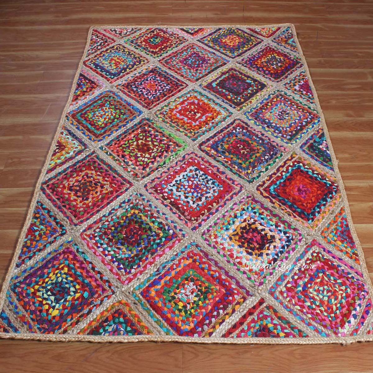 Multicolor Hand Braided Geometrical Trendy Cotton Jute Rug