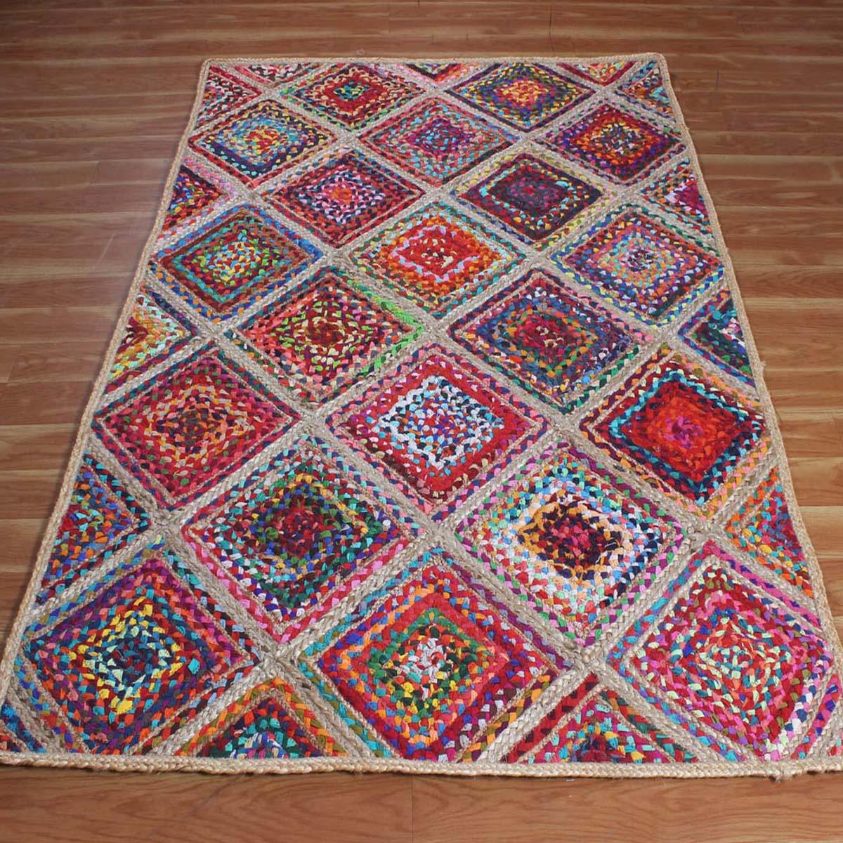 Multicolor Hand Braided Geometrical Trendy Cotton Jute Rug - Indian Rug Store