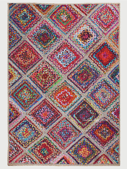 Multicolor Hand Braided Geometrical Trendy Cotton Jute Rug