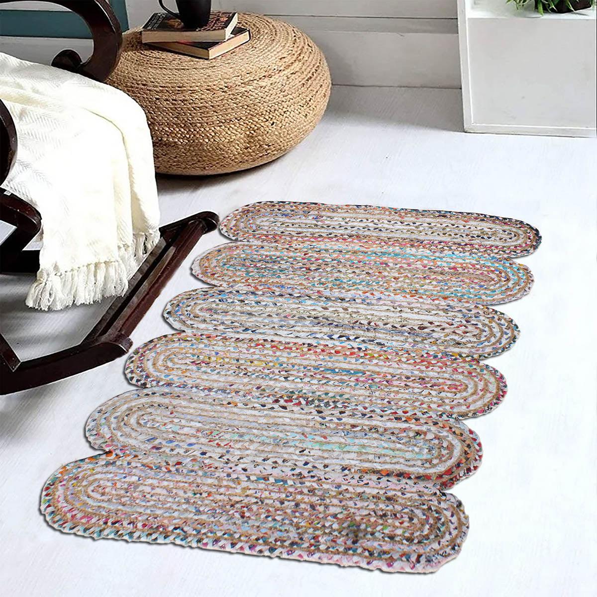 Hand Braided Geometric Multicolor Scalloped Cotton Jute Rug - Indian Rug Store