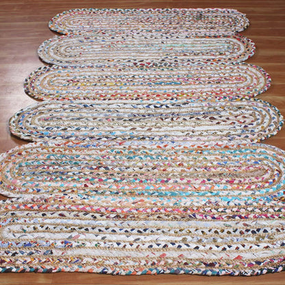 Hand Braided Geometric Multicolor Scalloped Cotton Jute Rug - Indian Rug Store