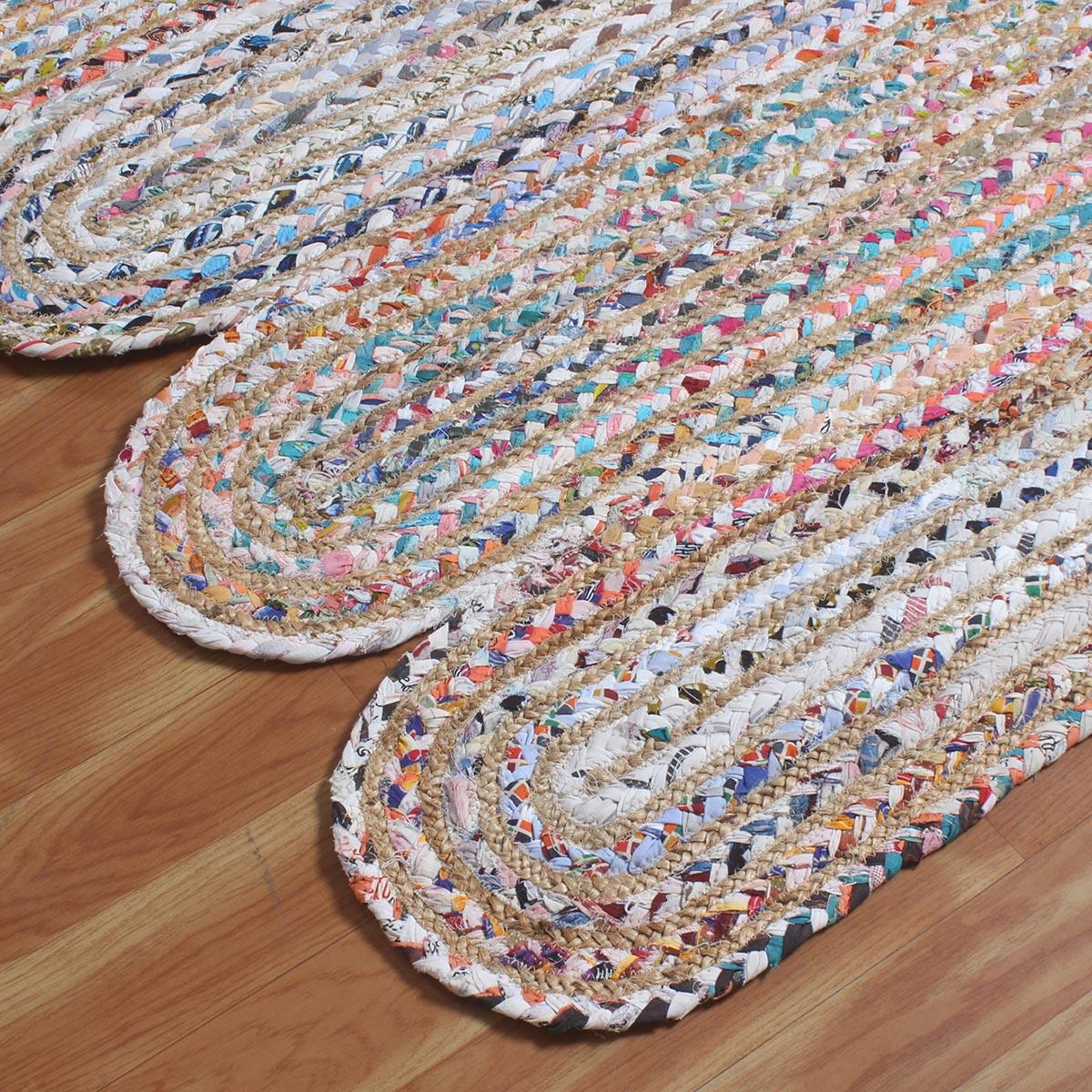 Hand Braided Geometric Multicolor Scalloped Cotton Jute Rug - Indian Rug Store