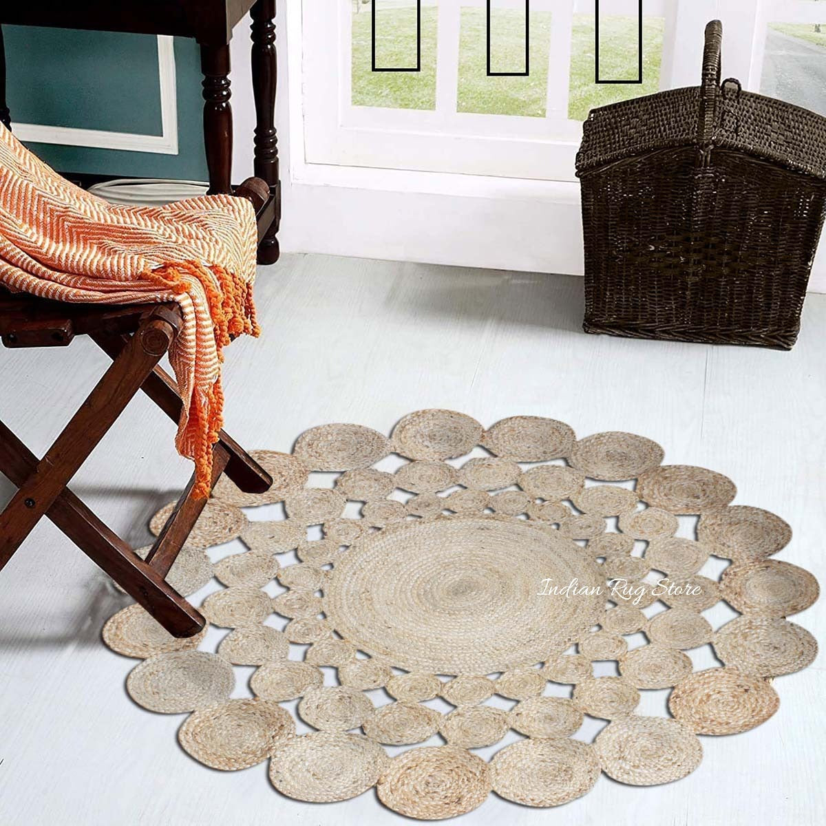 Alfombra de yute decorativa para el hogar en color beige, trenzada a mano con motivos geométricos