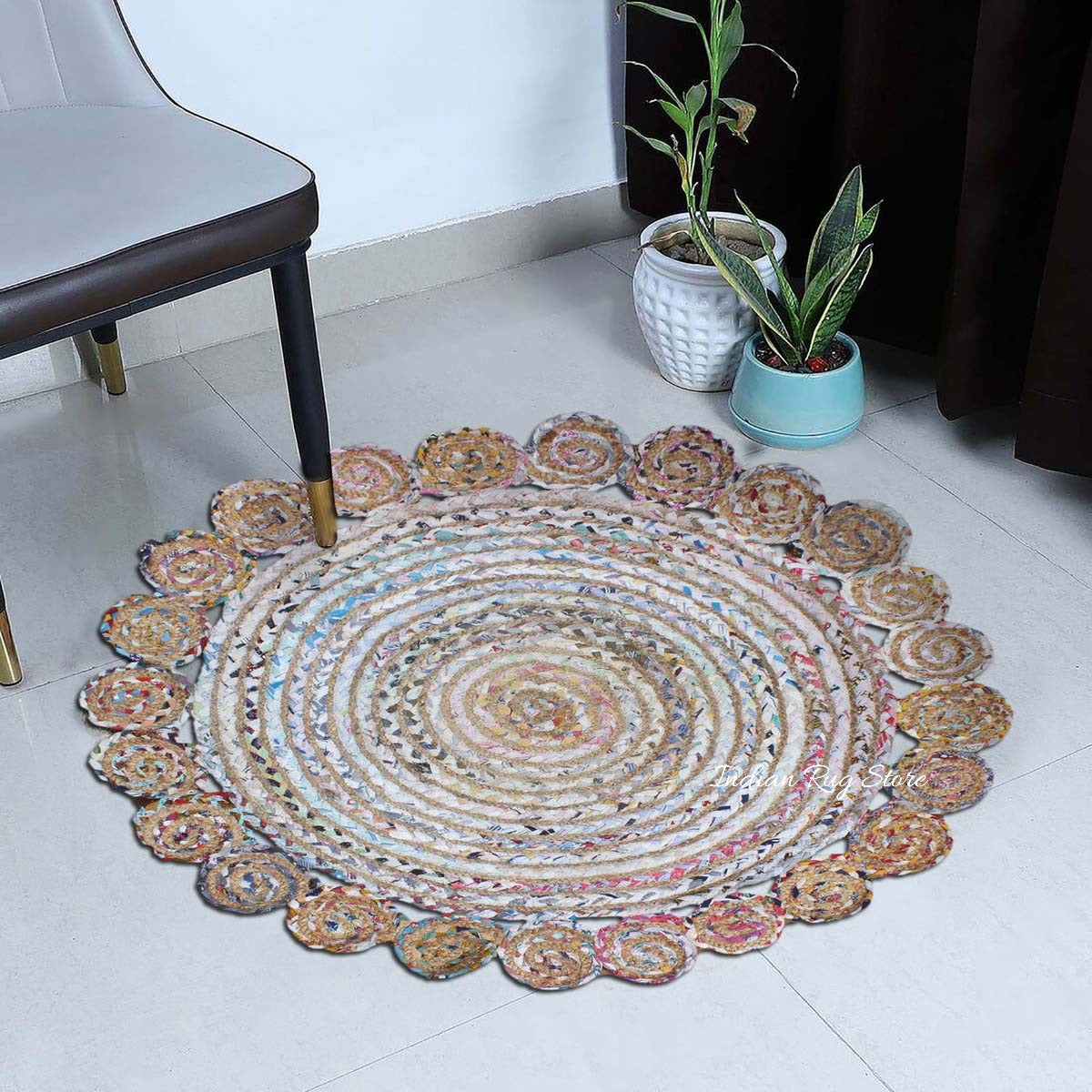 Geometrical Multicolor Beige Hand Braided Trendy Cotton Jute Rug