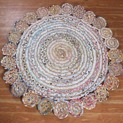 Hand Braided Beige Multicolor Cotton Jute Home Decor Round Area Rug - Indian Rug Store