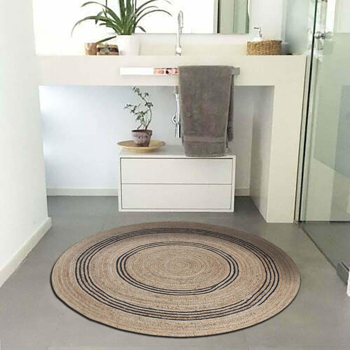 Hand Braided Beige Black Jute Farmhouse Round Area Rug - Indian Rug Store