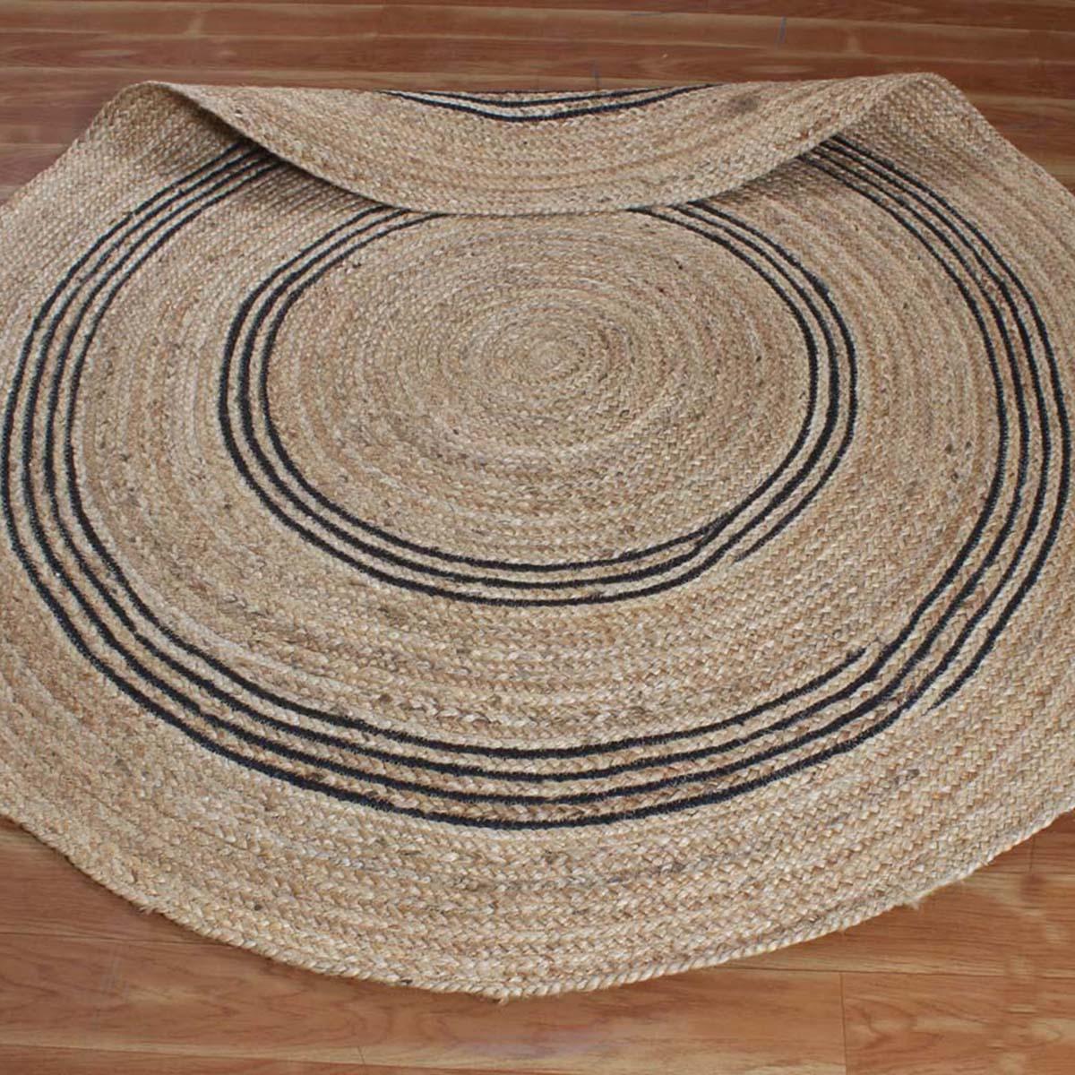 Hand Braided Beige Black Jute Farmhouse Round Area Rug - Indian Rug Store