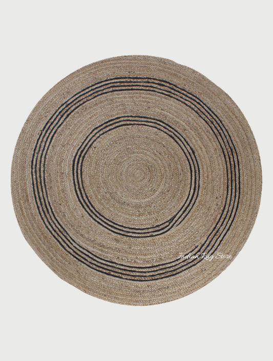 Hand Braided Beige Black Jute Farmhouse  Round Area Rug