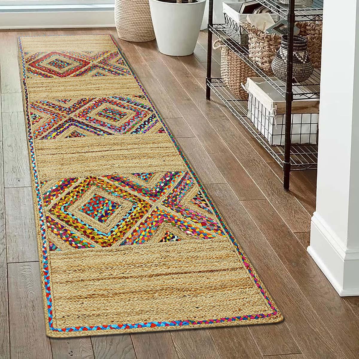 Hand Braided Geometric Beige Multicolor Farmhouse Pathway Cotton Jute Rug - Indian Rug Store