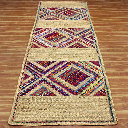 Hand Braided Geometric Beige Multicolor Farmhouse Pathway Cotton Jute Rug - Indian Rug Store