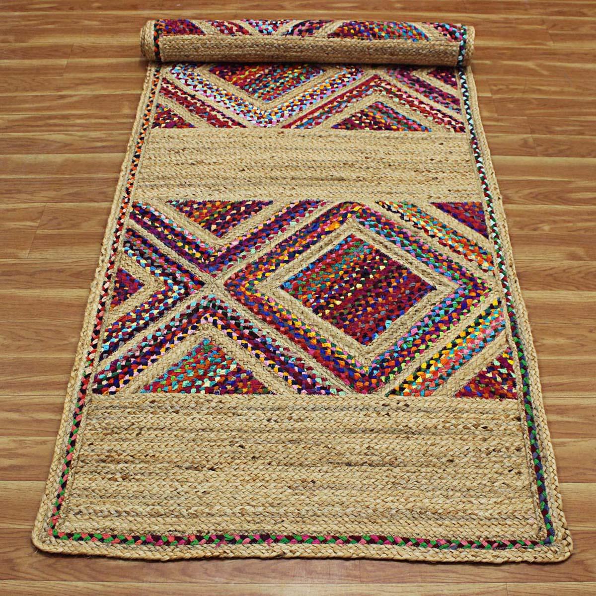 Hand Braided Geometric Beige Multicolor Farmhouse Pathway Cotton Jute Rug - Indian Rug Store