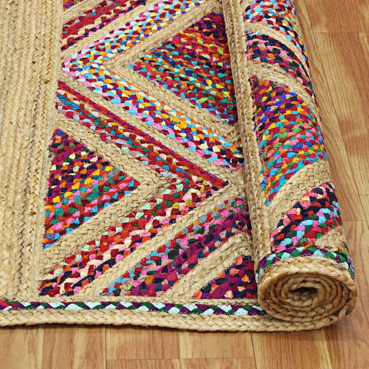 Hand Braided Geometric Beige Multicolor Farmhouse Pathway Cotton Jute Rug - Indian Rug Store