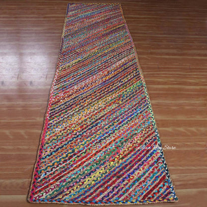 Hand Braided Geometric Multicolor Bedroom hallway Cotton Jute Rug