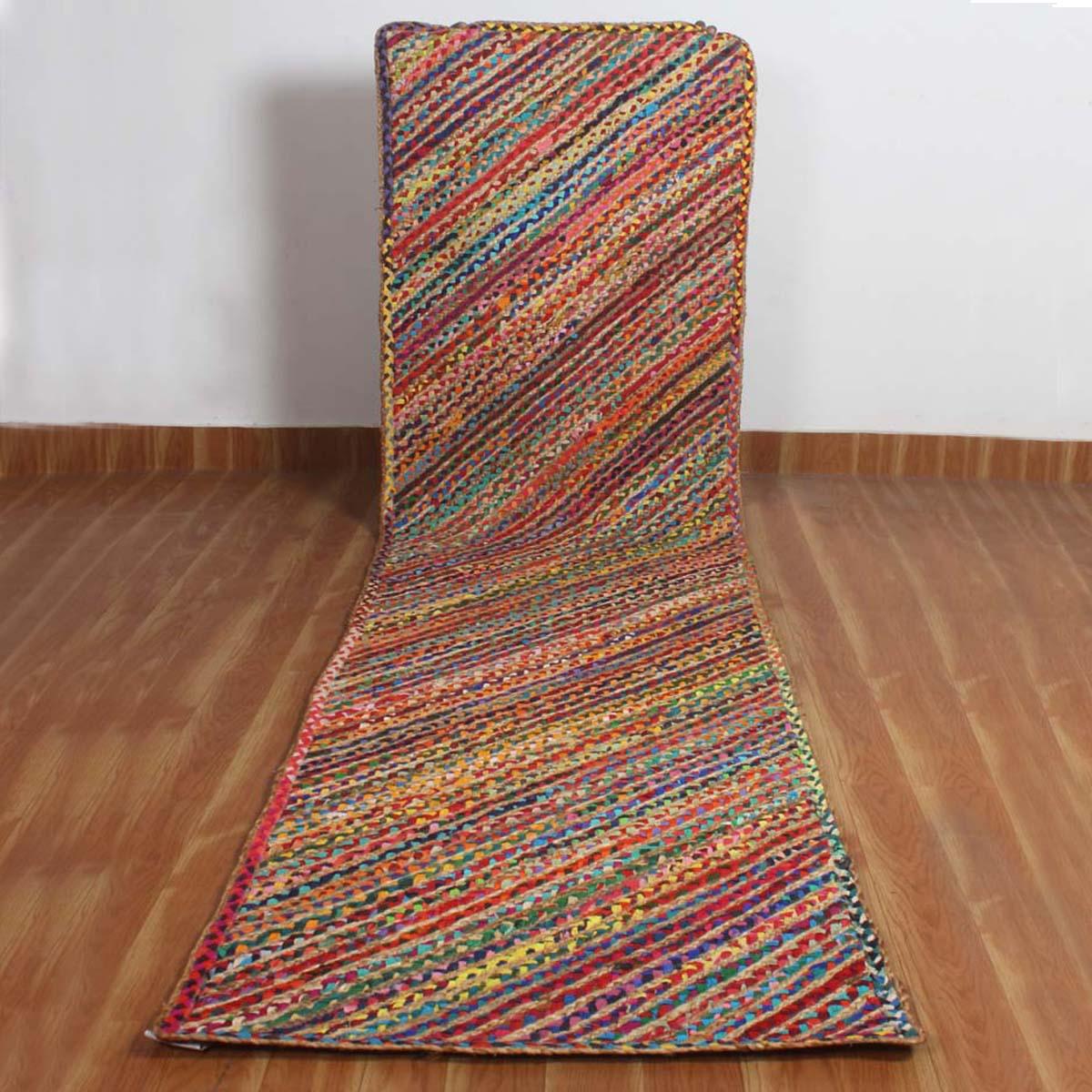 Hand Braided Geometric Multicolor Bedroom hallway Cotton Jute Rug - Indian Rug Store