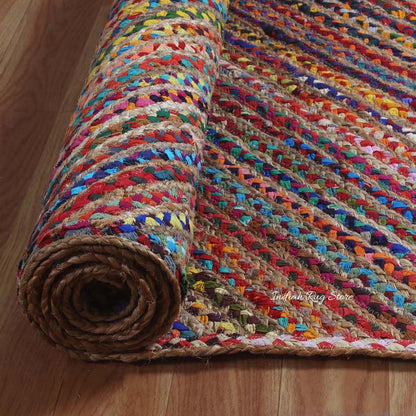 Hand Braided Geometric Multicolor Bedroom hallway Cotton Jute Rug