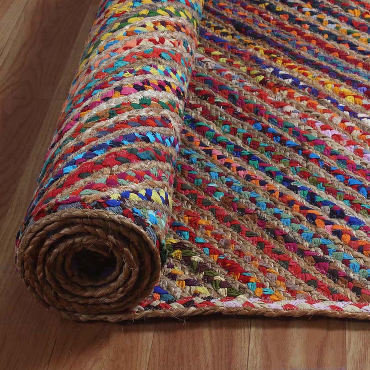 Hand Braided Geometric Multicolor Bedroom hallway Cotton Jute Rug - Indian Rug Store