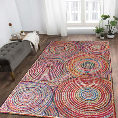 Tappeto da pranzo in juta di cotone e lino multicolore geometrico intrecciato a mano