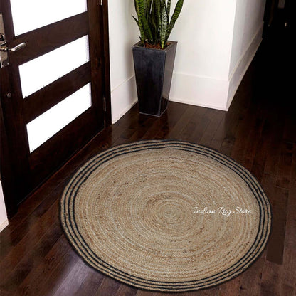 Hand Braided Beige Black Jute Home Decor Round Area Rug