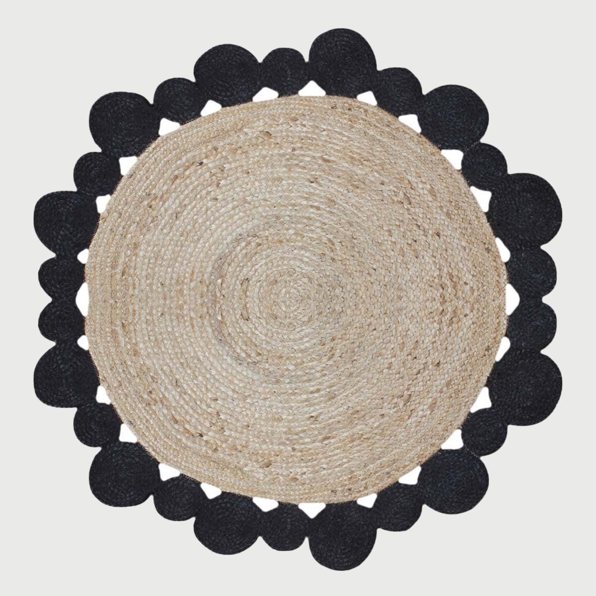 Interior Hand Braided Beige Black Jute Lake House Round Area Rug - Indian Rug Store