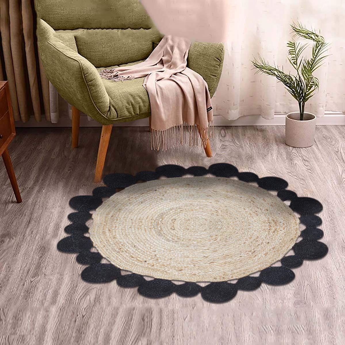 Interior Hand Braided Beige Black Jute Lake House Round Area Rug - Indian Rug Store