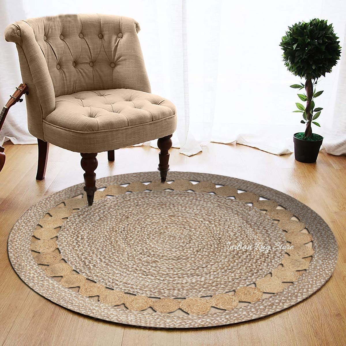 Traditional Hand Braided Beige Multicolor Jute Home Decor Round Area Rug