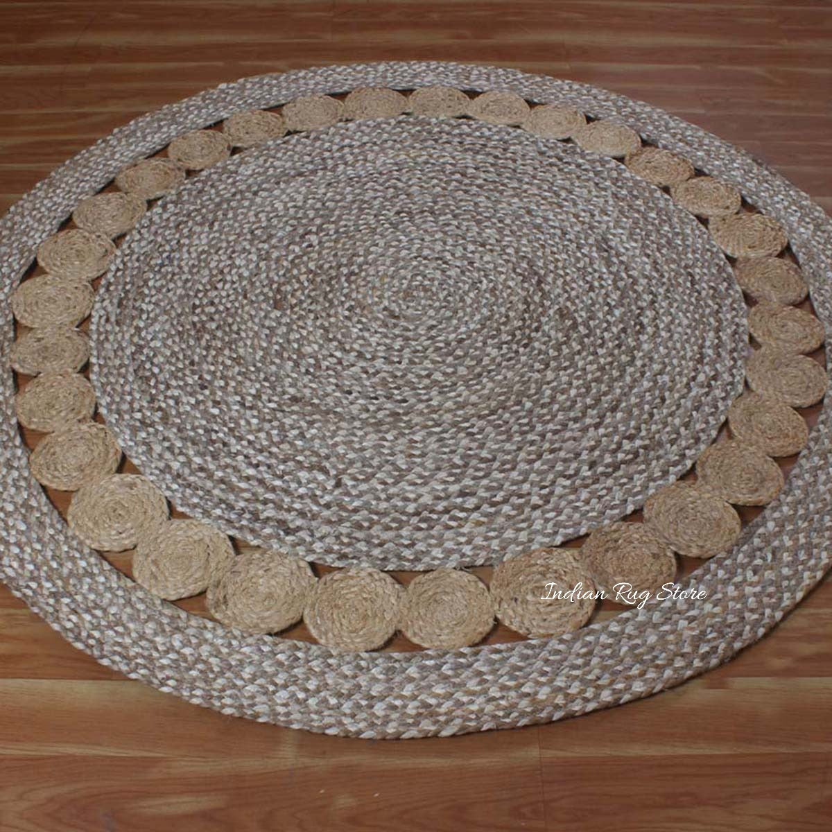 Traditional Hand Braided Beige Multicolor Jute Home Decor Round Area Rug