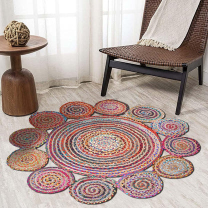 Multicolor Traditional Hand Braided Cotton Jute Living Room Round Area Rug - Indian Rug Store