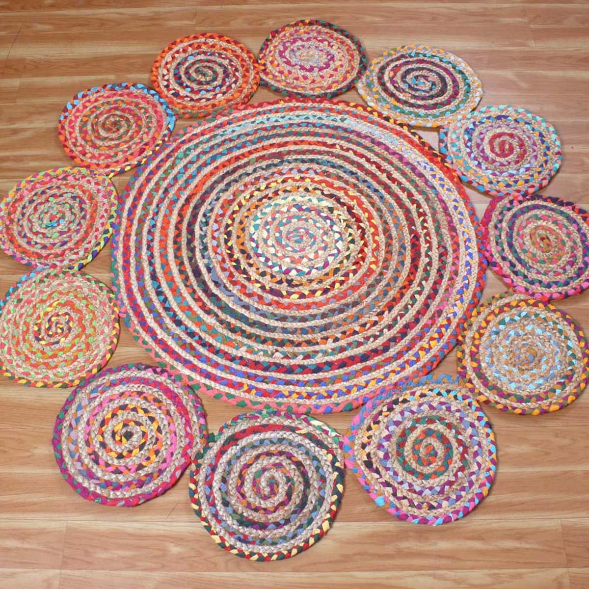 Multicolor Traditional Hand Braided Cotton Jute Living Room Round Area Rug - Indian Rug Store