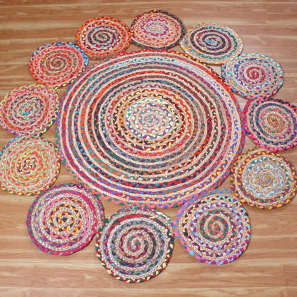 Multicolor Traditional Hand Braided Cotton Jute Living Room Round Area Rug - Indian Rug Store