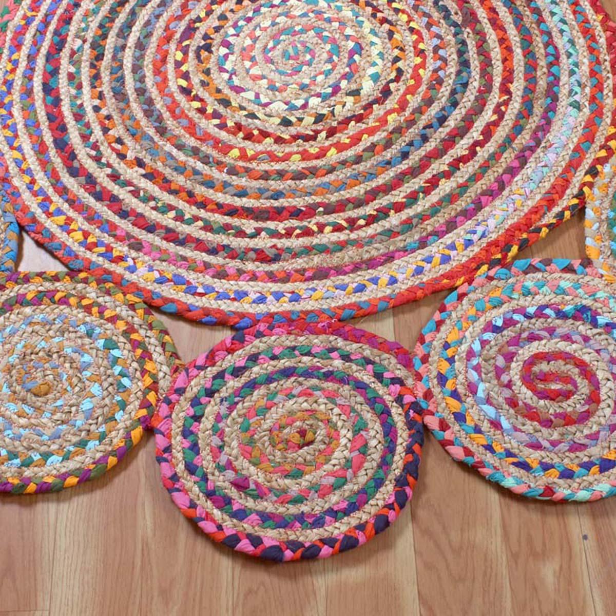 Multicolor Traditional Hand Braided Cotton Jute Living Room Round Area Rug - Indian Rug Store